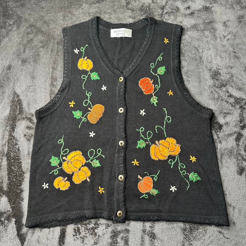 Vintage Knit Pumpkin Sweater Vest Fall Cottagecore Granny Black and Orange M/L